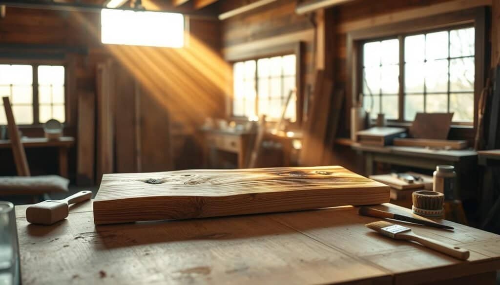 A well-lit woodworking studio with natural light filtering through large windows. On a sturdy workbench, a piece of pine wood is being carefully stained by The Sawdust Man. Beams of warm light cast an inviting glow, highlighting the rich grain patterns and subtle knots in the wood. Woodworking tools like brushes, sandpaper, and stains are neatly arranged, conveying a sense of craftsmanship and precision. The stain is being applied in even, long strokes, bringing out the natural beauty and character of the softwood. The atmosphere is one of focused concentration and the satisfaction of working with one's hands to transform raw material into a refined, artful piece.