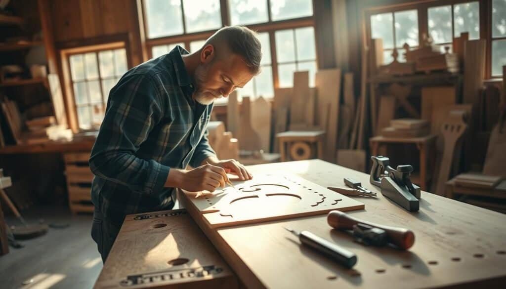 A well-lit woodworking workshop, sunlight streaming in through large windows. A carpenter intently focused, hand-crafting a detailed wooden template on a sturdy workbench. Precision tools - chisels, planes, and saws - neatly arranged nearby. The grain of the wood is visible, the cuts clean and true. A sense of craftsmanship and care permeates the scene. In the background, shelves hold an assortment of finished woodworking projects, each a testament to the art of perfecting one's craft.