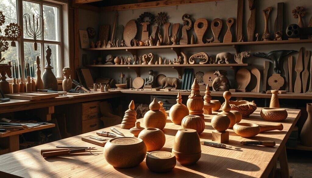 A well-lit woodworking workshop, with a large workbench in the foreground, showcasing an array of hand-carved wooden objects in various stages of completion. The lighting casts warm, natural shadows, highlighting the intricate textures and grain patterns of the wood. In the middle ground, a selection of hand tools, chisels, and sanding blocks are neatly arranged, reflecting the meticulous attention to detail required for this craft. The background features shelves displaying an assortment of finished decorative wood accents, ranging from intricate sculptures to simple, elegant forms that could adorn shelves and tables. The overall atmosphere conveys the tranquility and satisfaction of the woodworking process, inspiring the viewer to explore the possibilities of creating their own unique decorative wood pieces.