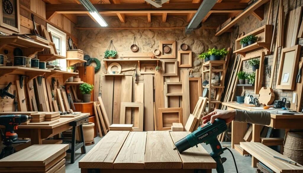 A well-lit workshop filled with an assortment of 2x4 wooden boards, tools, and DIY project ideas. In the foreground, a variety of simple yet practical projects like wall shelves, garden planters, and rustic picture frames come into focus. The middle ground showcases the process, with hands skillfully constructing and assembling the pieces using power tools and hand tools. In the background, a cozy, warmly-lit environment with natural textures like wood grain and stone creates an inviting atmosphere for the DIY enthusiast. Soft shadows and highlights accentuate the organic, handcrafted feel of the scene. The overall impression is one of accessible, beginner-friendly woodworking projects that can transform standard lumber into beautiful, functional home decor.