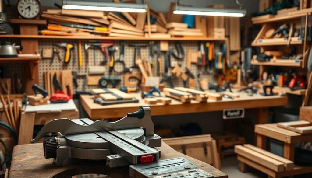A well-lit workshop, filled with an assortment of DIY woodworking jigs. In the foreground, a meticulously crafted miter gauge jig, its precision-engineered components gleaming under the soft glow of task lighting. In the middle ground, a workbench cluttered with an array of custom-built jigs - from router templates to box joints jigs, each designed to streamline a specific woodworking task. In the background, shelves brimming with hand tools and materials, creating a sense of a dedicated, well-equipped workspace. The overall scene conveys the power of jigs to transform even the most complex woodworking projects into efficient, repeatable processes, elevating the modern woodworker's craft.