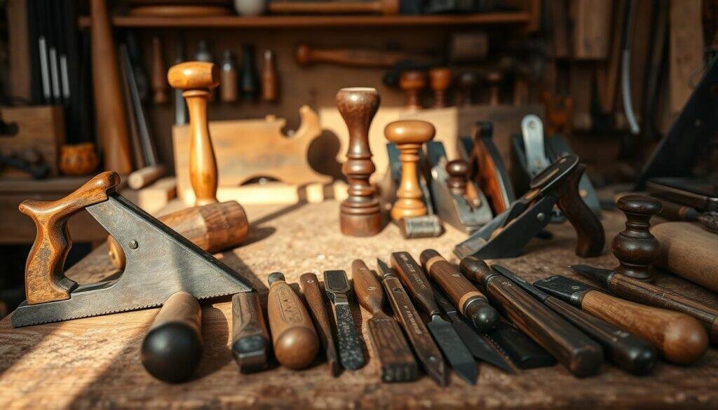 A well-lit workshop filled with an assortment of classic woodworking tools artfully arranged on a rustic workbench. A vintage hand-saw, a sturdy carpenter's square, a sharp wood chisel, and a collection of smooth-grained chisels and files in the foreground. In the middle ground, a sturdy mallet and an old-fashioned brace and bit drill stand upright, casting long shadows. In the background, a set of weathered wooden planes, a coping saw, and a gleaming block plane sit neatly organized, hinting at the craft and skill required for small woodworking projects. The overall scene conveys a sense of timeless tradition and the satisfying feel of quality handmade tools.