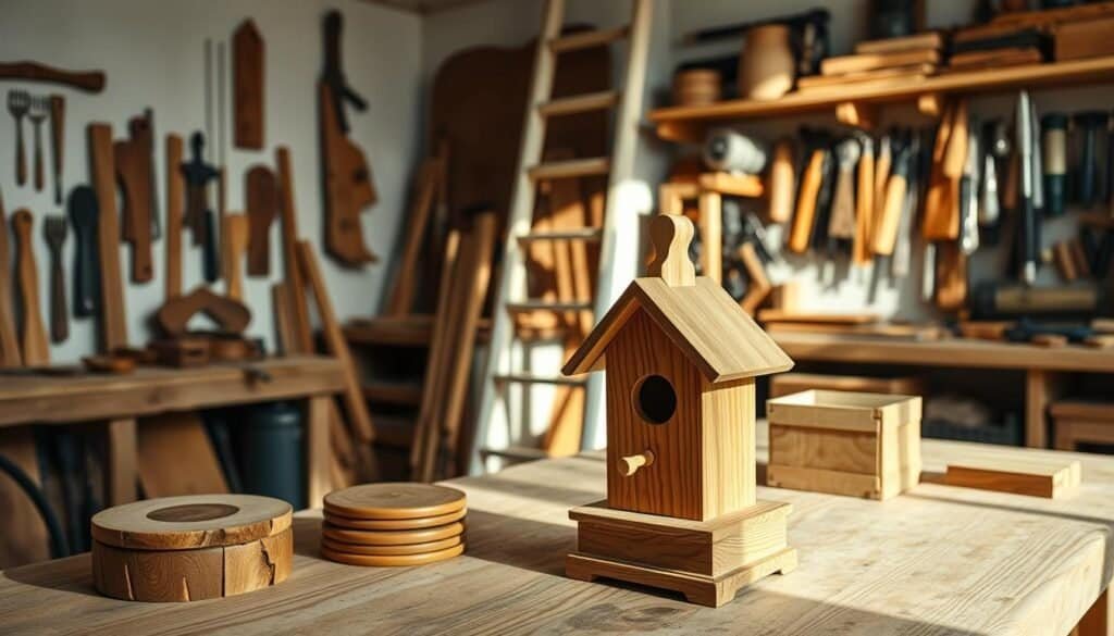A well-lit workshop filled with an assortment of simple yet elegant woodworking projects. In the foreground, a handcrafted birdhouse with intricate carved details sits atop a workbench. Beside it, a set of wooden coasters and a small decorative box with a subtle design. In the middle ground, a rustic wooden ladder leans against the wall, casting warm shadows. The background reveals a variety of tools neatly organized on shelves, hinting at the joy of crafting with one's own hands. The overall scene exudes a sense of tranquility and the satisfaction of creating something meaningful from raw materials.