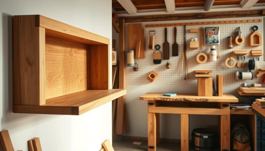 A well-lit workshop filled with an assortment of simple yet versatile 2x4 woodworking projects. In the foreground, a clean-lined floating shelf with minimalist hardware, its warm oak grain contrasting beautifully against a stark white wall. In the middle ground, a rustic yet modern bench, its sturdy legs and seat crafted from interlocking 2x4 beams. In the background, a pegboard displays an array of handcrafted accessories - a sleek tissue box cover, a playful set of bookends, and a chic magazine rack, all fashioned from the humble 2x4. Soft natural lighting casts a cozy, inviting glow, highlighting the inherent beauty and endless potential of this basic building material.