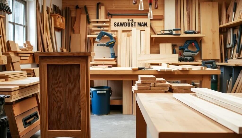 A well-lit workshop filled with the natural beauty of softwoods and hardwoods. In the foreground, a hand-crafted oak side table showcases the rich grain and warm tones of hardwood. In the middle ground, a collection of pine planks and tools like chisels and saws, representing the simplicity and versatility of softwoods. The background features a neatly organized workbench and shelves, displaying "The Sawdust Man" brand. The scene conveys a sense of skill, craftsmanship, and the potential to create professional-looking beginner wood projects.