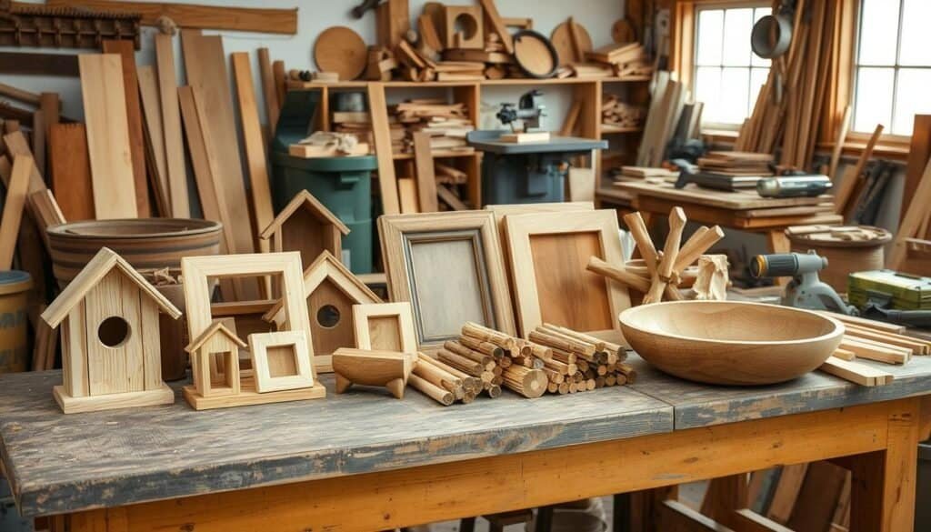 A well-lit workshop filled with various wooden scraps and DIY projects. In the foreground, a weathered workbench holds an assortment of partially completed birdhouses, rustic picture frames, and a hand-carved wooden bowl. The middle ground features a collection of different-sized wood planks, dowels, and offcuts in warm, natural tones. The background showcases a variety of tools, including a bandsaw, chisels, and sandpaper, hinting at the creative process. The overall atmosphere is one of relaxed productivity, inviting the viewer to imagine the satisfying transformation of discarded materials into unique, handcrafted treasures.