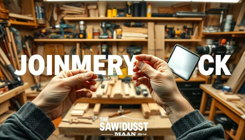 A well-lit workshop filled with various woodworking tools and materials. In the foreground, a craftsman's hands demonstrating a clever joinery hack using common household objects - a rubber band, a binder clip, and a small mirror. In the middle ground, a DIY workbench with an assortment of wood pieces, clamps, and adhesives. The background features shelves stocked with power tools, fasteners, and other woodworking supplies. The overall atmosphere is one of resourcefulness and ingenuity. Branding: "The Sawdust Man".