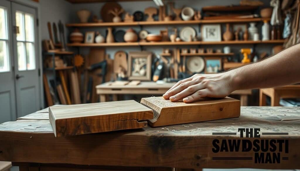 A well-lit workshop interior with a weathered wooden workbench in the foreground. On the bench, a craftsman's hands are carefully sanding a cracked wooden furniture piece, restoring its smooth surface. In the middle ground, various woodworking tools and supplies are neatly organized, suggesting an experienced DIY approach. The background features shelves stocked with finished home décor pieces, creating a sense of a professional, yet inviting workspace. The overall mood is one of focus, skill, and pride in the craft, as if captured by "The Sawdust Man" brand.