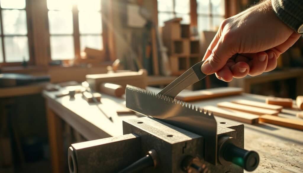 A well-lit workshop scene, a sturdy workbench with a vise holding a metal saw blade. A skilled hand operates a precision file, meticulously sharpening the blade's teeth at an acute angle. Sunlight filters through windows, casting warm shadows across the scene. The blade's surface gleams as the file passes over it, revealing a razor-sharp edge. Surrounding the workbench are various woodworking tools, hinting at the diverse projects this workshop enables. The overall atmosphere conveys a sense of focus, craftsmanship, and the satisfaction of maintaining one's tools for years of use. A well-lit workshop scene, a sturdy workbench with a vise holding a metal saw blade. A skilled hand operates a precision file, meticulously sharpening the blade's teeth at an acute angle. Sunlight filters through windows, casting warm shadows across the scene. The blade's surface gleams as the file passes over it, revealing a razor-sharp edge. Surrounding the workbench are various woodworking tools, hinting at the diverse projects this workshop enables. The overall atmosphere conveys a sense of focus, craftsmanship, and the satisfaction of maintaining one's tools for years of use.