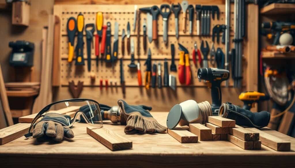 A well-lit workshop scene with a central focus on a woodworking workbench. On the bench, various safety equipment is neatly arranged, including safety goggles, thick work gloves, and a dust mask. In the background, a wall-mounted tool rack displays a selection of hand tools and power tools. Carefully placed around the workbench are pieces of wood in various stages of completion, hinting at the project in progress. The lighting is warm and natural, creating a inviting atmosphere for safe and productive woodworking. The overall composition conveys a sense of order, organization, and attention to safety protocols.