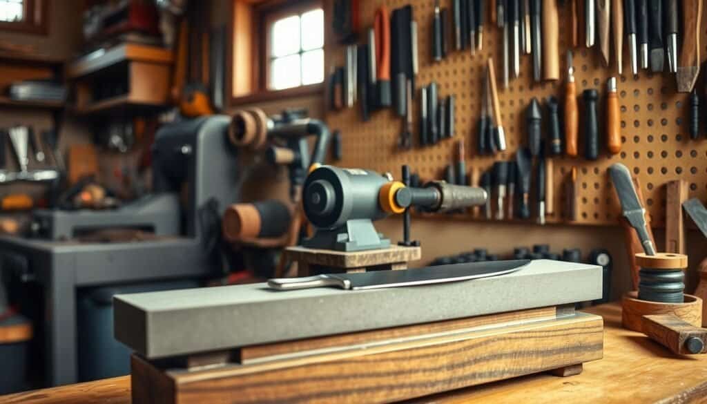 A well-lit workshop setting showcasing an arrangement of essential sharpening tools and equipment. In the foreground, a high-quality whetstone in a wooden base, with a bevel-edged knife resting on its surface. In the middle ground, a pedestal-mounted bench grinder with various grinding and buffing attachments. In the background, a pegboard wall displaying an assortment of hand files, sharpening rods, and other precision sharpening implements. Warm, natural lighting filters in from windows, creating a sense of craftsmanship and attention to detail. The overall scene conveys a professional, well-equipped workshop primed for maintaining blades, bits, and tools in peak condition. A well-lit workshop setting showcasing an arrangement of essential sharpening tools and equipment. In the foreground, a high-quality whetstone in a wooden base, with a bevel-edged knife resting on its surface. In the middle ground, a pedestal-mounted bench grinder with various grinding and buffing attachments. In the background, a pegboard wall displaying an assortment of hand files, sharpening rods, and other precision sharpening implements. Warm, natural lighting filters in from windows, creating a sense of craftsmanship and attention to detail. The overall scene conveys a professional, well-equipped workshop primed for maintaining blades, bits, and tools in peak condition.