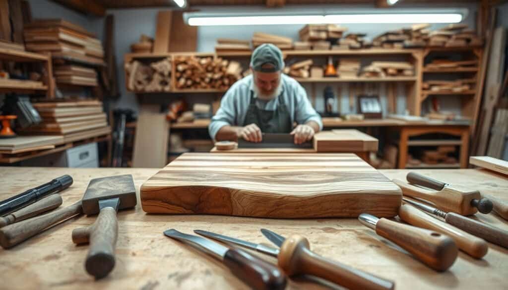A well-lit workshop showcases a handcrafted wooden cutting board. The foreground features an array of woodworking tools, including a hand saw, mallet, and chisels, artfully arranged. In the middle ground, a skilled craftsperson, "The Sawdust Man," carefully planes the surface of the board, creating a smooth, uniform finish. The background depicts a clean, organized workspace with shelves of lumber and various woodworking projects. The entire scene exudes a sense of craftsmanship, attention to detail, and the satisfaction of creating something beautiful from raw materials.