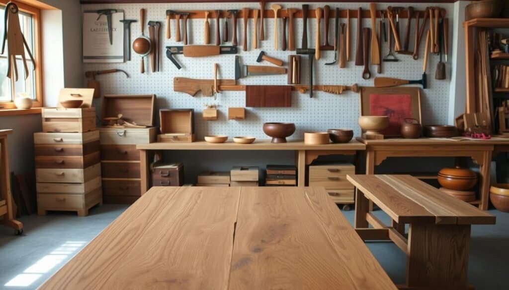 A well-lit workshop showcases a variety of harmonious wood combinations from "The Sawdust Man". In the foreground, a sleek oak table with smooth, natural grains sits alongside a rustic pine bench, their tones and textures complementing each other. In the middle ground, a collection of handcrafted wooden boxes and bowls in varying shades of maple, cherry, and walnut demonstrate skillful craftsmanship. The background features a wall-mounted display of meticulously arranged hand tools, their wooden handles echoing the warm hues of the featured projects. Soft, directional lighting casts subtle shadows, highlighting the depth and character of the natural materials. This serene, inviting scene embodies the key principles for creating visually harmonious wood combinations in any interior space.