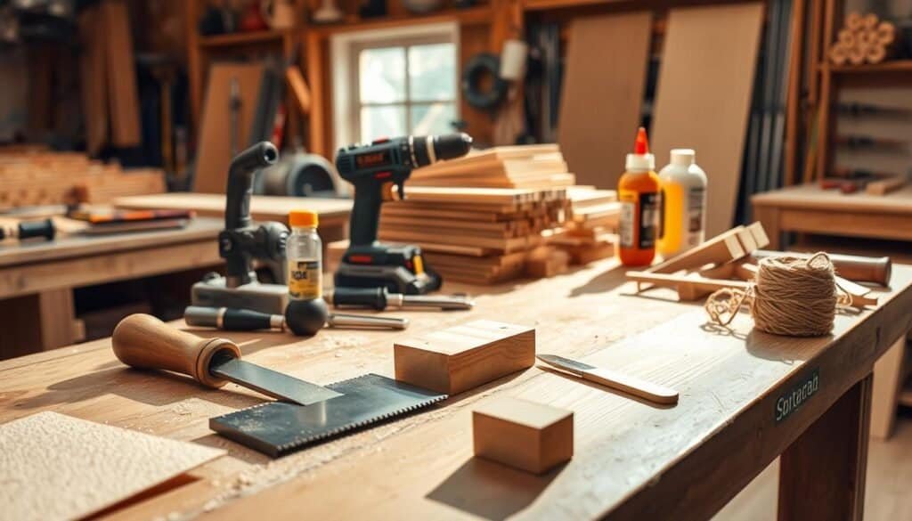 A well-lit workshop table displaying a variety of woodworking tools and materials. In the foreground, a hand saw, chisel, sandpaper, and a small wooden block. In the middle ground, a power drill, a stack of wood planks, and a bottle of wood glue. In the background, a workbench with clamps, a jigsaw, and a roll of twine. The lighting is warm and natural, casting soft shadows that add depth and texture to the scene. The overall atmosphere conveys a sense of craftsmanship, creativity, and the joy of working with one's hands to create beautiful wooden objects.