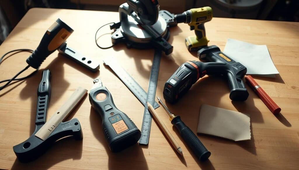 A well-lit workshop table featuring an assortment of essential woodworking tools for a DIY lamp project: a jigsaw, a miter saw, a power drill, a ruler, a pencil, sandpaper, and a chisel. The tools are arranged neatly, casting soft shadows on the wooden surface. The background is blurred, highlighting the focus on the task-oriented tools. The overall atmosphere conveys a sense of craftsmanship, attention to detail, and the satisfaction of creating a custom piece.