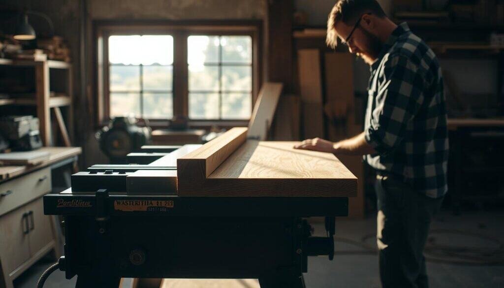 A well-lit workshop with a sturdy workbench in the foreground, a woodworker diligently guiding a board through a table saw, creating a perfectly straight, smooth edge. Soft shadows cast across the scene, highlighting the grain of the wood and the skilled movements of the craftsperson. Subtle industrial details in the background, such as shelves of tools and a window overlooking a lush, verdant landscape, create a sense of context and expertise. The overall atmosphere conveys a harmony of focus, precision, and the satisfaction of mastering the art of the straight cut.