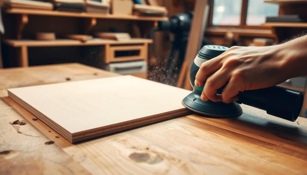 A well-lit workshop with a sturdy workbench. A skilled hand uses a random orbital sander, smoothing the surface of a delicate wood veneer. Dust motes swirl in the soft, warm illumination as the sander glides effortlessly across the grain, revealing the natural beauty of the wood. The workspace is organized, with a selection of sandpaper grits and tools neatly arranged. The scene conveys a sense of care, precision, and the satisfaction of a job well done.