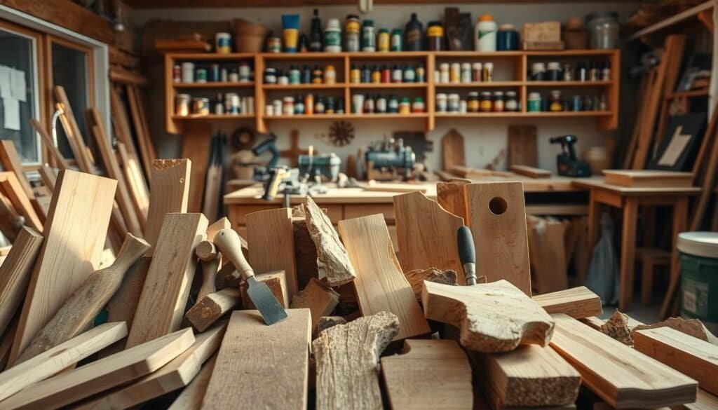 A well-lit workshop with a variety of scrap wood pieces in the foreground, including rough-cut boards, smooth planks, and uniquely shaped offcuts. In the middle ground, a workbench with simple woodworking tools like chisels, saws, and sandpaper. In the background, shelves filled with various paints, stains, and other supplies, hinting at the creative possibilities. The lighting is warm and natural, casting soft shadows that add depth and texture to the scene. The overall mood is one of inviting creativity and the joy of DIY projects.