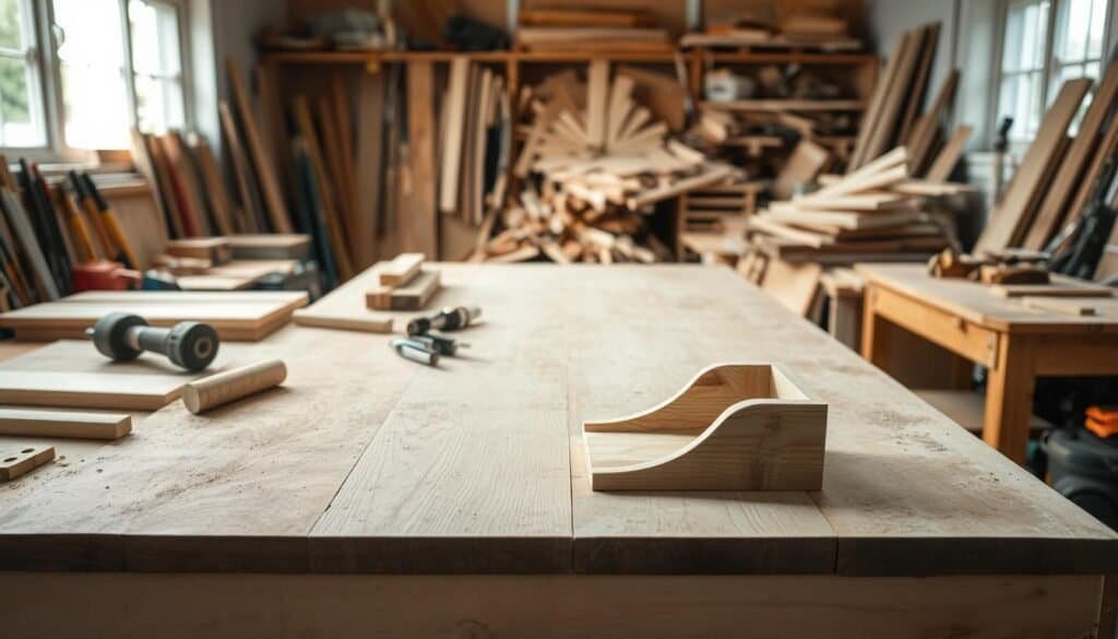 A well-lit workshop with a wooden workbench and various woodworking tools scattered across its surface. In the foreground, a half-finished DIY project - a small wooden accent piece - sits unfinished, hinting at the challenges of the process. The background showcases a myriad of common DIY woodworking obstacles, such as mismatched wood grains, uneven cuts, and a pile of discarded materials. Soft natural lighting filters through the windows, creating a serene yet contemplative atmosphere, as if inviting the viewer to take on these challenges with confidence and perseverance.