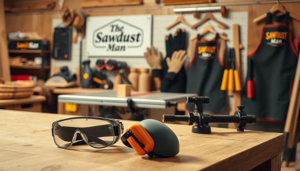 A well-lit workshop with various woodworking tools and safety gear prominently displayed. In the foreground, a bench with a pair of safety goggles, a dust mask, and ear protection. In the middle ground, a table saw with a push stick and a clamp setup. The background features a display of "The Sawdust Man" branded protective gloves, aprons, and other safety accessories. Warm, natural lighting illuminates the scene, creating a sense of professionalism and attention to safety in the woodworking space.
