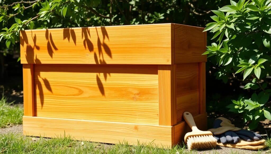 A well-maintained wooden planter box stands in a sunny garden, its warm, natural hues and clean lines complementing the lush greenery surrounding it. Dappled sunlight filters through the branches overhead, casting gentle shadows on the smooth, weathered surface. A pair of gardening gloves and a small hand brush rest nearby, suggesting a recent session of gentle cleaning and light sanding to preserve the box's pristine appearance. The planter's sturdy construction and attention to detail inspire a sense of timeless craftsmanship, inviting the viewer to imagine the joy of tending to thriving plants within its embrace for years to come.