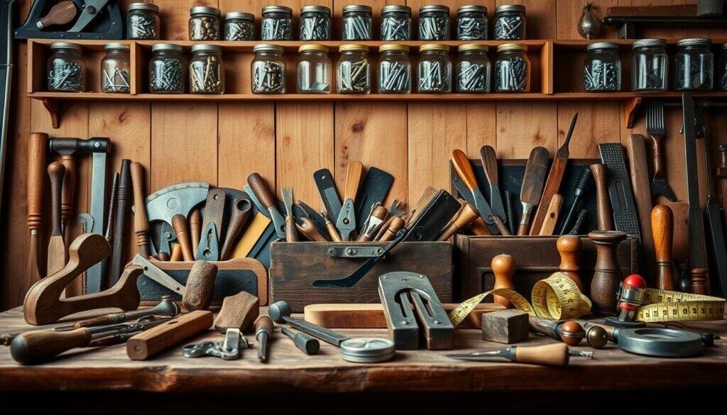 A well-organized and visually captivating still life of a collection of classic woodworking tools, neatly arranged against a warm, rustic backdrop. In the foreground, a sturdy workbench showcases an array of hand tools, including a claw hammer, chisel set, and a smooth, polished plane. In the middle ground, a toolbox overflows with various saws, screwdrivers, and a retractable tape measure, hinting at the precise, meticulous work to come. The background features a wall of weathered wooden shelves, adorned with vintage mason jars filled with nails, screws, and other hardware essentials. The overall scene exudes a sense of craftsmanship, order, and the promise of a peaceful, fulfilling woodworking project.