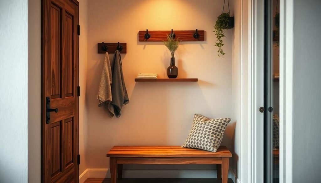 A well-organized, cozy entryway with a wooden bench, a small floating wall-mounted shelf, and a few decorative items like a vase and a hanging plant. The lighting is warm and inviting, creating a welcoming atmosphere. The background features a subtle textured wall, adding depth and character to the space. The composition is balanced, with the focus on the practical yet stylish furnishings that maximize the compact area. The overall aesthetic is rustic, minimalist, and functional, perfectly suited for a small, urban home.