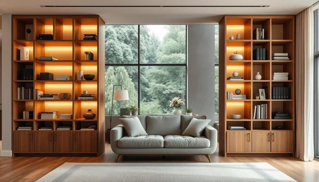 A well-organized modern living room with clean lines and minimal clutter. A custom-built wooden storage unit with neatly arranged cubbies, shelves, and hidden compartments dominates the foreground, casting warm, soft lighting across the space. In the middle ground, a plush, neutral-toned couch and accent chairs create a cozy seating area. The background features large windows overlooking a lush, nature-filled vista, bathing the room in natural light. The overall atmosphere is one of calm, order, and refined sophistication. A well-organized modern living room with clean lines and minimal clutter. A custom-built wooden storage unit with neatly arranged cubbies, shelves, and hidden compartments dominates the foreground, casting warm, soft lighting across the space. In the middle ground, a plush, neutral-toned couch and accent chairs create a cozy seating area. The background features large windows overlooking a lush, nature-filled vista, bathing the room in natural light. The overall atmosphere is one of calm, order, and refined sophistication.