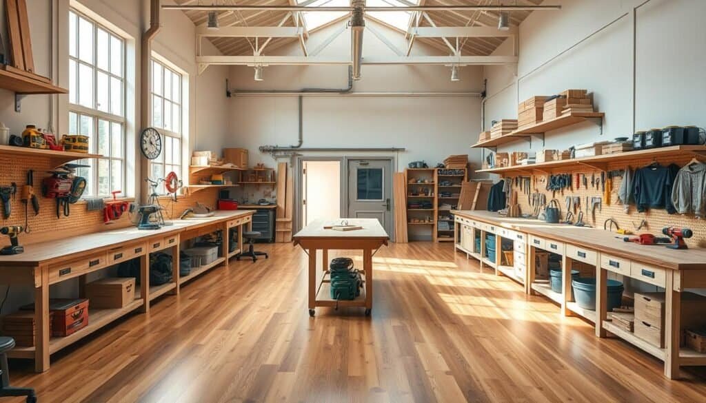 A well-organized, spacious woodworking workshop with a focus on perimeter optimization layout. The scene depicts a large, airy room with ample natural lighting filtering in through tall windows. Workbenches line the walls, strategically placed to maximize workflow and minimize clutter. Power tools and hand tools are neatly arranged on pegboards, within easy reach. The floor is made of sturdy hardwood, and the walls are adorned with shelves and storage units, optimizing every inch of available space. Soft, diffused lighting creates a warm, productive atmosphere, encouraging focus and efficiency. The overall layout emphasizes organization, accessibility, and a thoughtful use of the available square footage.