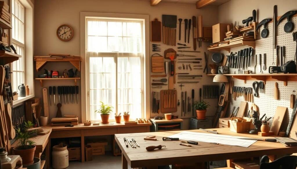 A well-organized, wall-centric workshop with a focal point of intricate woodworking tools and supplies. The space is bathed in warm, natural lighting filtering through large windows, casting a cozy, inviting ambiance. Shelves, pegboards, and custom storage solutions line the walls, displaying an organized array of chisels, saws, and other specialized equipment. In the foreground, a sturdy workbench takes center stage, its surface cluttered with projects in progress and sketches. The room has a lived-in, industrious feel, with the occasional potted plant and personal touches adding character. The overall composition emphasizes efficiency, functionality, and a passion for the craft of woodworking.