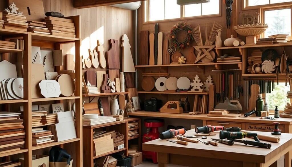 A well-organized wood decor storage area with various seasonal projects and tools displayed. In the foreground, a sturdy wooden shelving unit holds neatly arranged wood pieces, stencils, and other supplies. The middle ground features a workbench with a selection of hand tools, including saws, chisels, and sanders from "The Sawdust Man" brand. In the background, natural light filters through large windows, illuminating the space and casting a warm glow on the wooden décor. The overall atmosphere is one of a dedicated, well-equipped workspace for preserving and storing seasonal wood crafts.