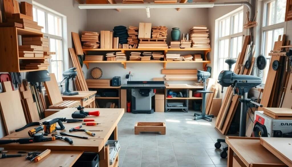 A well-organized woodworking shop layout in a bright, airy space. The foreground features a sturdy workbench with various hand tools neatly arranged. In the middle ground, a table saw, bandsaw, and drill press stand ready for precise cutting and shaping tasks. The background showcases shelving units stocked with an assortment of lumber, finishes, and project supplies. Natural light floods the scene through large windows, casting a warm, inviting glow. The overall atmosphere conveys efficiency, organization, and a passion for the craft of woodworking, all within a compact yet functional workshop layout.