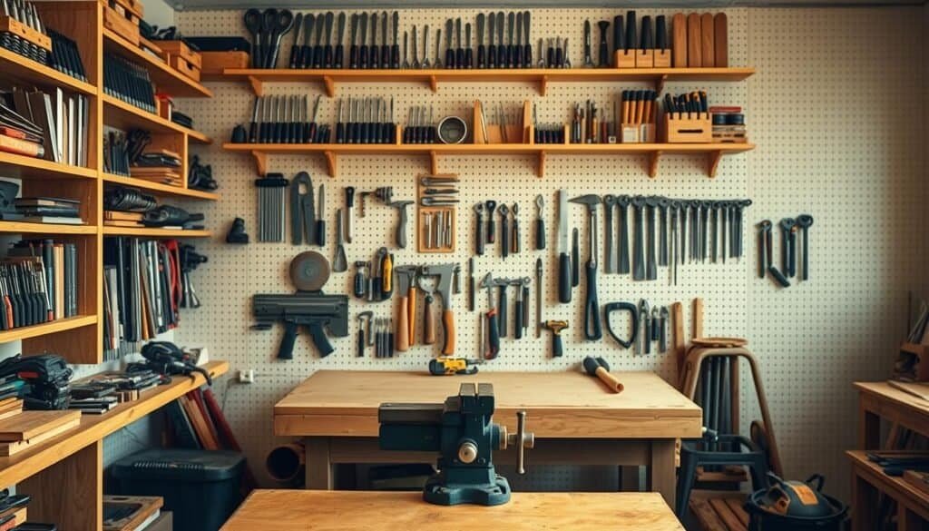 A well-organized workshop with neatly arranged tools on sturdy wooden shelves. Soft, natural lighting illuminates the scene, highlighting the intricate details of each item. Chisels, saws, and screwdrivers are meticulously displayed, their sharp edges gleaming. In the middle ground, a workbench with a vise stands as the centerpiece, its surface clear and uncluttered. The background features a wall adorned with pegboard, providing additional storage solutions for smaller tools. The overall atmosphere conveys a sense of order, efficiency, and a respect for the craft of tool maintenance. A well-organized workshop with neatly arranged tools on sturdy wooden shelves. Soft, natural lighting illuminates the scene, highlighting the intricate details of each item. Chisels, saws, and screwdrivers are meticulously displayed, their sharp edges gleaming. In the middle ground, a workbench with a vise stands as the centerpiece, its surface clear and uncluttered. The background features a wall adorned with pegboard, providing additional storage solutions for smaller tools. The overall atmosphere conveys a sense of order, efficiency, and a respect for the craft of tool maintenance.