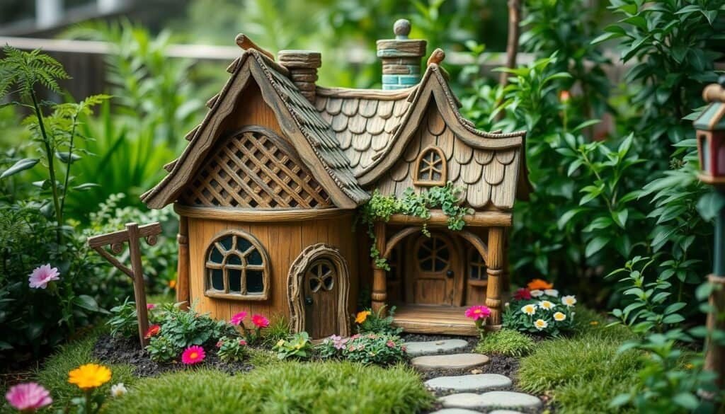 A whimsical fairy garden house nestled in a lush, verdant backyard oasis. The intricate, handcrafted structure features delicate latticework, charming gabled roofs, and warm, weathered wood tones. Verdant foliage, colorful flowers, and a meandering garden path create an enchanting, naturalistic setting. Soft, diffused natural lighting casts a gentle glow, while a shallow depth of field keeps the focus on the captivating fairy abode. An inviting, fantastical scene that beckons the viewer to explore and discover the magic of a whimsical DIY fairy garden.