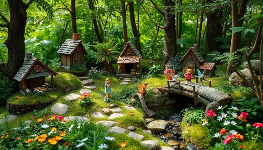 A whimsical fairy garden nestled in a lush, verdant forest. Delicate, miniature structures crafted from weathered wood, moss, and ferns dot the enchanted landscape. A winding path of river stones leads through a vibrant carpet of wildflowers, past a babbling brook spanned by a rustic log bridge. Dappled sunlight filters through the canopy, casting a warm, ethereal glow over the scene. Tiny, detailed figurines of mischievous fairies and woodland creatures inhabit this serene, captivating oasis, inviting the viewer to step into a world of enchantment and wonder.