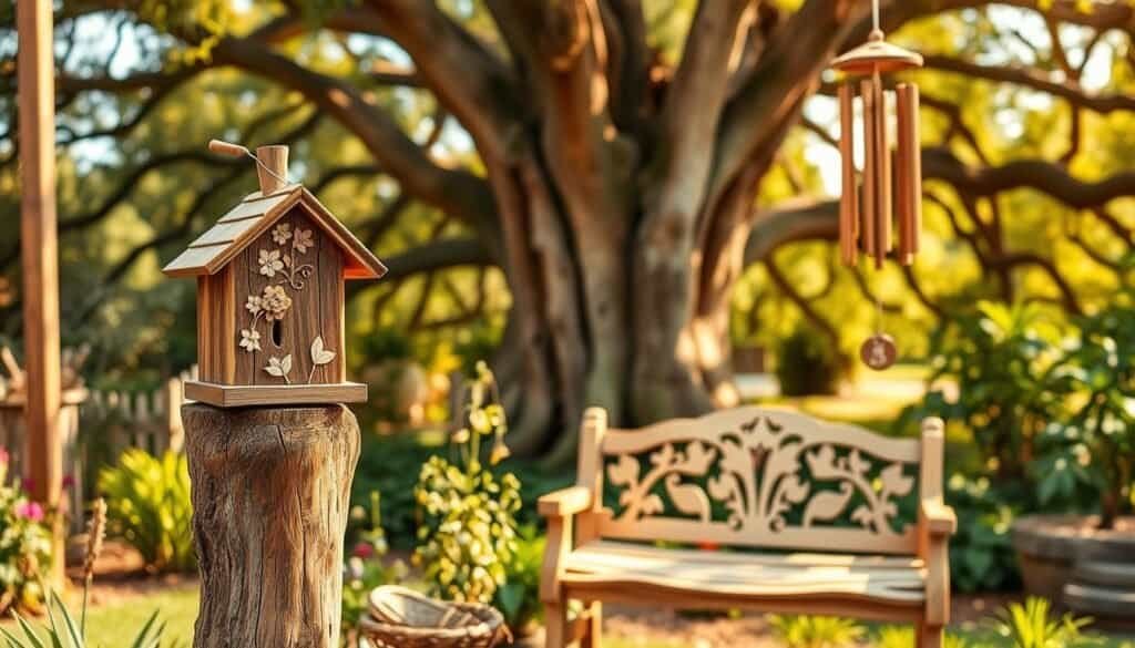 A whimsical garden oasis featuring charming wooden decor handcrafted by The Sawdust Man. In the foreground, a rustic birdhouse with delicate floral carvings perches atop a gnarled wooden post, its weathered finish complementing the lush greenery. In the middle ground, a wooden bench with an intricate leaf pattern invites visitors to pause and admire the serene surroundings. Wooden wind chimes, their gentle melodies carried by a light breeze, hang from the branches of a towering oak tree in the background. The scene is illuminated by warm, golden sunlight filtering through the canopy, creating a tranquil and inviting atmosphere.
