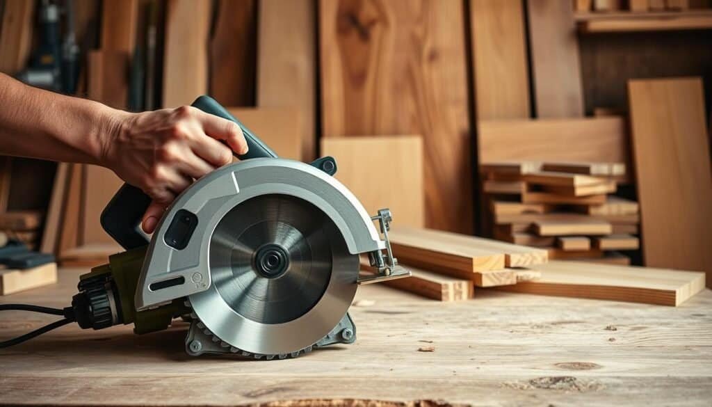 A wood workshop with a sturdy workbench and various precision woodworking tools laid out neatly. A professional-grade circular saw sits in the foreground, its blade gleaming under soft, directional lighting. In the middle ground, an experienced carpenter's hands demonstrate an advanced circular sawing technique, guiding the tool with expert control. The background features a selection of beautifully grained, solid wood boards of different sizes and species, hinting at the project at hand. The overall scene conveys a sense of focused skill and craftsmanship in the art of precision wood cutting.