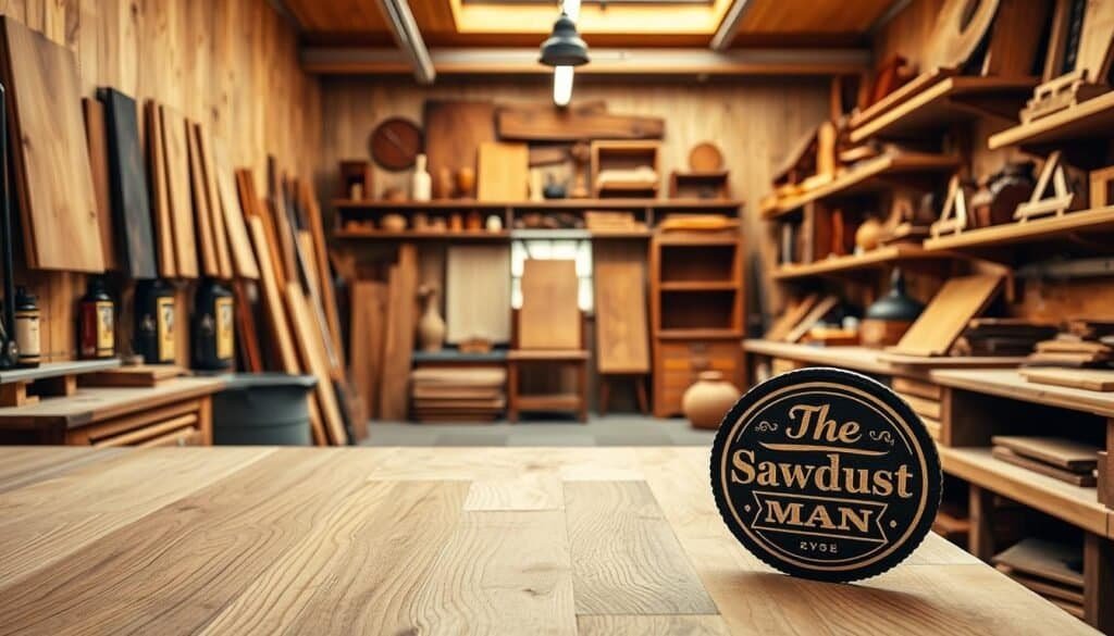 A wood workshop with specialty finishing techniques: a well-lit interior showcasing various wood samples, tools, and projects. Smooth oak, rich mahogany, and intricate grain patterns are highlighted under warm, natural lighting. In the foreground, The Sawdust Man's brand logo is subtly displayed on a wooden workbench. The middle ground features carefully curated wood stains, oils, and waxes, while the background depicts shelves lined with expertly crafted wooden furniture and decor. The overall atmosphere exudes a sense of timeless craftsmanship and enduring style.