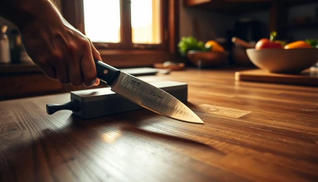 A wooden kitchen countertop, with a well-worn chef's knife resting on a sharpening stone. Warm, natural lighting filters through a nearby window, casting a soft glow over the scene. The knife's blade glints as it is carefully drawn across the abrasive surface, with the user's hands guiding the motion with precision and care. In the background, a few kitchen essentials, such as a cutting board and a bowl of fresh produce, are visible, hinting at the culinary tasks to come once the knife is expertly sharpened. The overall atmosphere conveys a sense of focus, skill, and the importance of maintaining the tools of the trade. A wooden kitchen countertop, with a well-worn chef's knife resting on a sharpening stone. Warm, natural lighting filters through a nearby window, casting a soft glow over the scene. The knife's blade glints as it is carefully drawn across the abrasive surface, with the user's hands guiding the motion with precision and care. In the background, a few kitchen essentials, such as a cutting board and a bowl of fresh produce, are visible, hinting at the culinary tasks to come once the knife is expertly sharpened. The overall atmosphere conveys a sense of focus, skill, and the importance of maintaining the tools of the trade.
