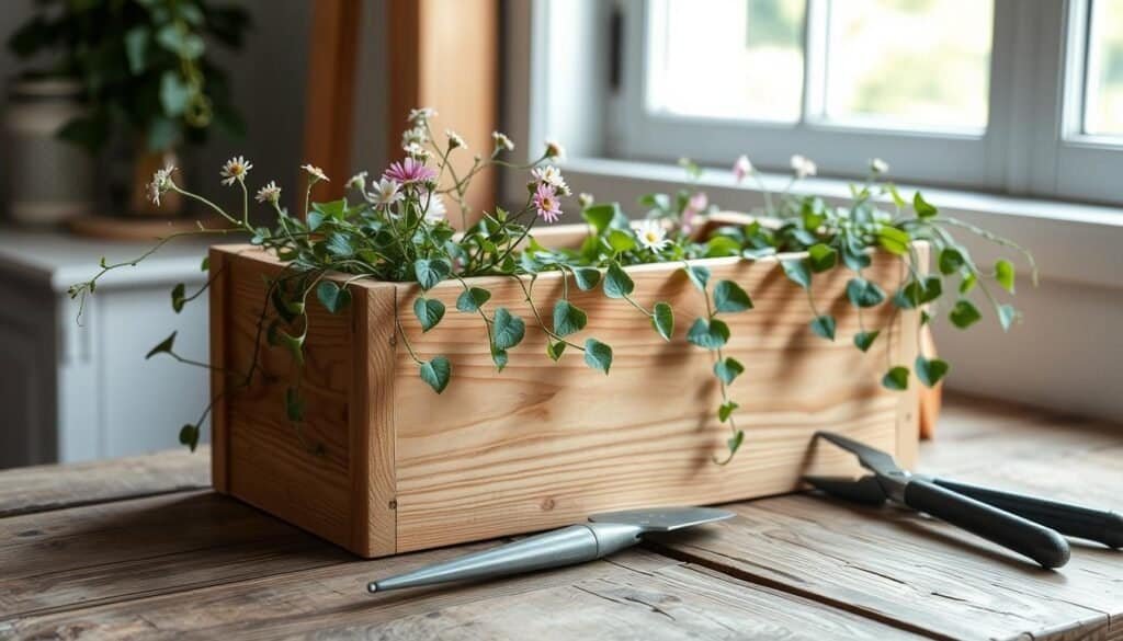 A wooden planter box stands on a weathered wooden surface, its smooth, sanded sides gleaming in the soft, natural light filtering through a nearby window. Delicate vines and flowers cascade over the edges, adding a touch of natural elegance. Nearby, a small trowel and a set of pruning shears rest on the surface, hinting at the recent finishing touches applied to this cozy, homemade creation. The overall atmosphere is one of calm, rustic charm, inviting the viewer to imagine the peaceful moments spent tending to this living, growing work of art.