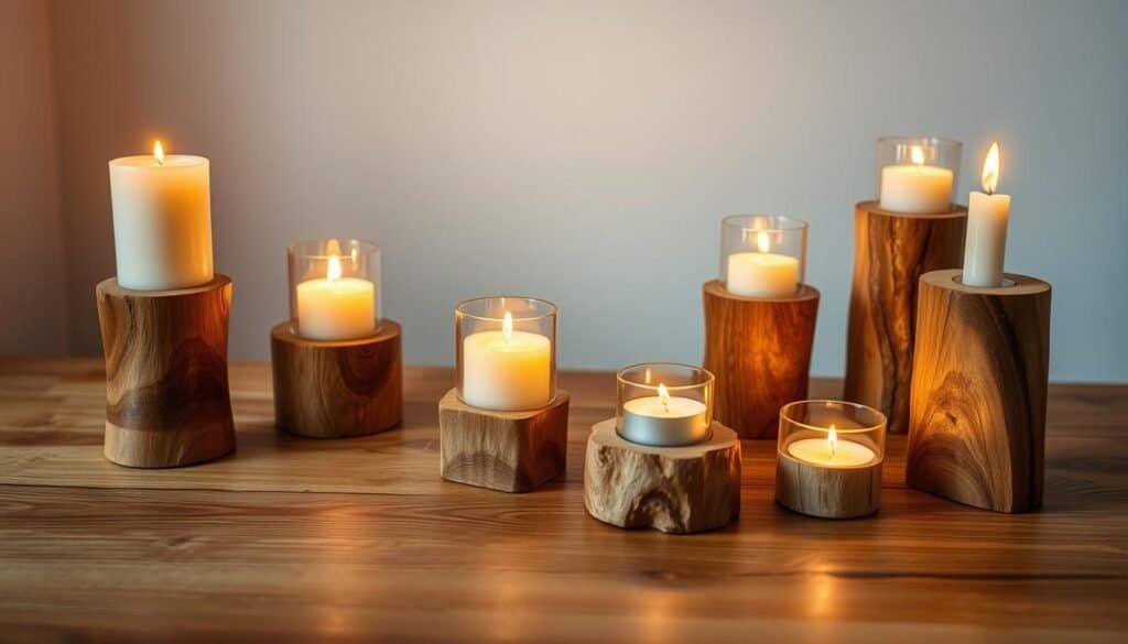 A wooden table display with a set of handcrafted wooden candle holders, each holding a warm, flickering candle. The natural grain and texture of the wood create a rustic, homey atmosphere. Soft, diffused lighting from the candles casts a cozy glow across the scene. The holders are arranged in a visually pleasing manner, with varying heights and placements to add depth and visual interest. The background features a simple, minimalist setting, allowing the candle holders to take center stage. The overall mood is one of relaxation, comfort, and the simple pleasures of homemade decor.
