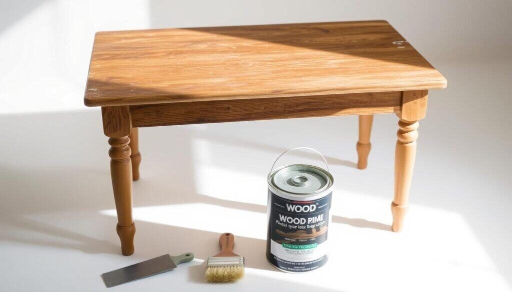 A wooden table, its surface worn and weathered, sits in a well-lit studio. The table's legs are sturdy, but the finish is dull and cracked. In the foreground, a set of restoration tools - a putty knife, a bristle brush, and a can of wood primer - are arranged neatly. The lighting is soft and diffused, casting gentle shadows that highlight the grain and texture of the wood. The background is a clean, neutral space, allowing the focus to remain on the table and the tools, creating a serene and inviting atmosphere for the viewer to envision the process of restoring this piece of furniture.