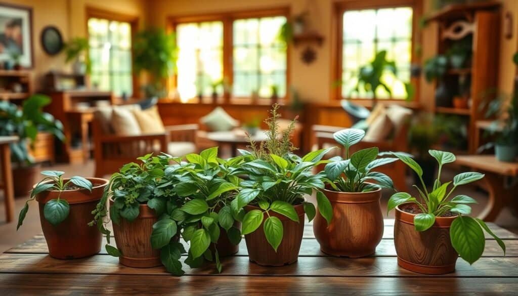 A wooden table with a variety of potted plants in the foreground, the plants are lush and healthy-looking, with vibrant green leaves. In the background, a warm, inviting room with natural light streaming in through large windows, highlighting the texture and grain of the wood furniture and accents. The scene conveys a sense of calm and connection with nature, the plants and wood working in harmony to create a cozy, relaxing atmosphere. The lighting is soft and diffused, creating a soothing, natural feel. The camera angle is slightly elevated, giving a bird's-eye view of the scene, emphasizing the interplay between the plants and the wooden elements.