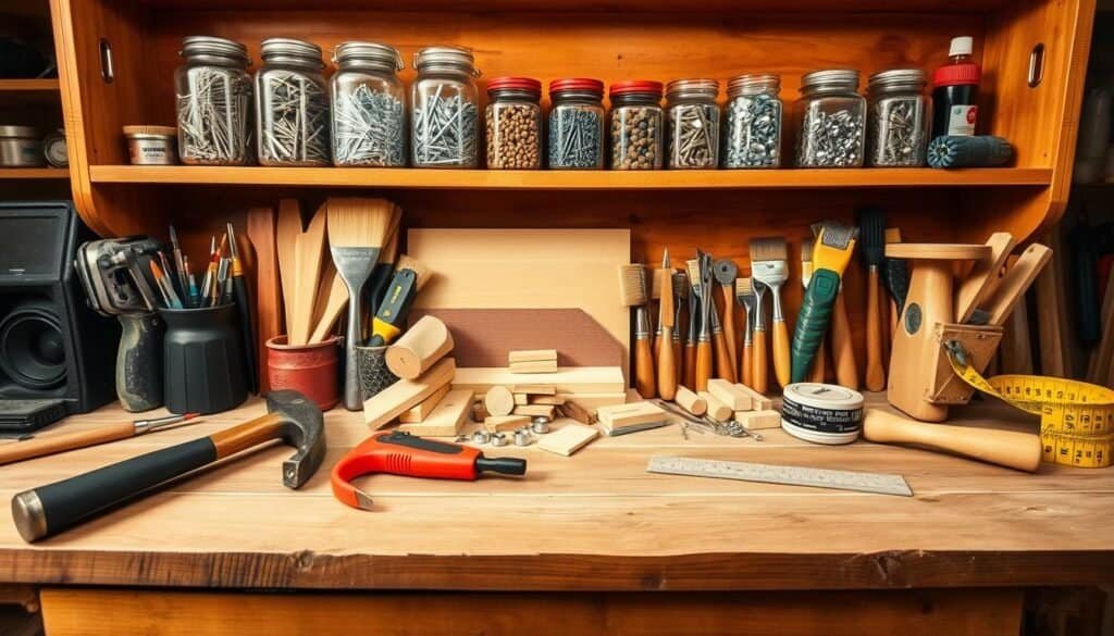 A wooden workbench with an assortment of essential DIY tools and materials neatly arranged. In the foreground, a hammer, screwdrivers, pliers, and a measuring tape rest on the weathered surface. In the middle, various wood pieces, sandpaper, paintbrushes, and a mallet create a sense of functionality. The background features shelves holding jars of nails, screws, and other hardware, casting a warm, natural lighting across the scene. The overall atmosphere conveys the confidence and satisfaction of a well-stocked DIY starter kit, ready to tackle any beginner-friendly home project.