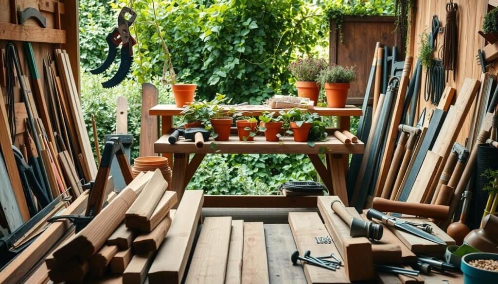 A workshop filled with an assortment of DIY garden tools and materials. In the foreground, various wooden planks, saws, hammers, and nails are neatly arranged. The middle ground showcases a potting bench, its surface adorned with terracotta pots, trailing vines, and pruning shears. In the background, lush greenery from the garden frames the scene, casting a warm, natural glow. The lighting is soft and diffused, highlighting the texture and grain of the wood. The overall atmosphere conveys a sense of creativity, productivity, and a connection to the outdoors.
