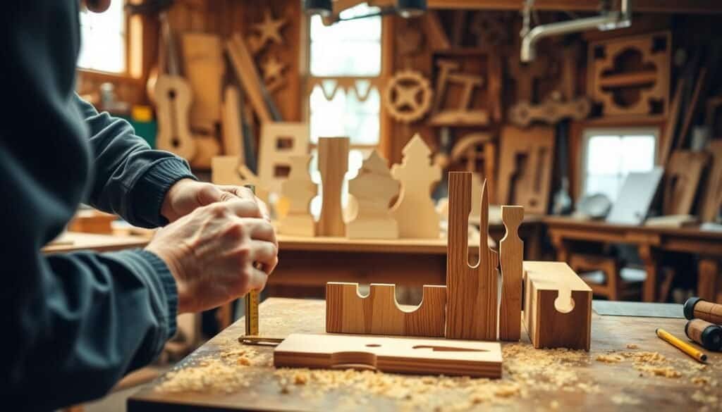 A workshop filled with natural light, wooden workbenches cluttered with handtools, sawdust, and intricate joinery templates. In the foreground, a skilled carpenter's hands carefully trace and measure the contours of a wooden joint, the focus sharp and the lighting warm. In the middle ground, a collection of finely crafted joinery templates – mortise-and-tenon, dovetail, and more – stand as a testament to the artistry of "The Sawdust Man". The background is softly blurred, emphasizing the precision and attention to detail in the crafting of these essential woodworking guides.