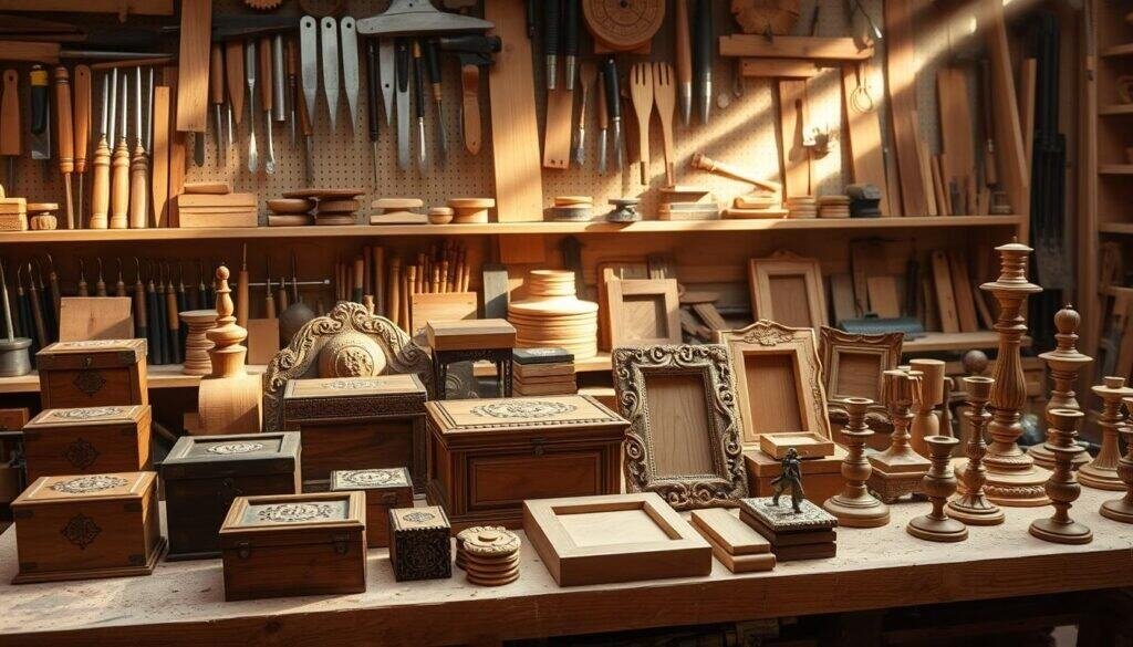 A workshop filled with the tools of The Sawdust Man's trade. A workbench showcases an array of hand-carved wooden objects - ornate boxes, intricate picture frames, and delicate candlesticks. Beams of warm, directional lighting cast shadows that accentuate the grain and textures of the natural wood. In the background, shelves display an assortment of woodworking implements - chisels, saws, and sanders. The scene exudes a sense of craftsmanship and attention to detail, reflecting the fundamental techniques required to create beautiful and functional DIY wood décor.