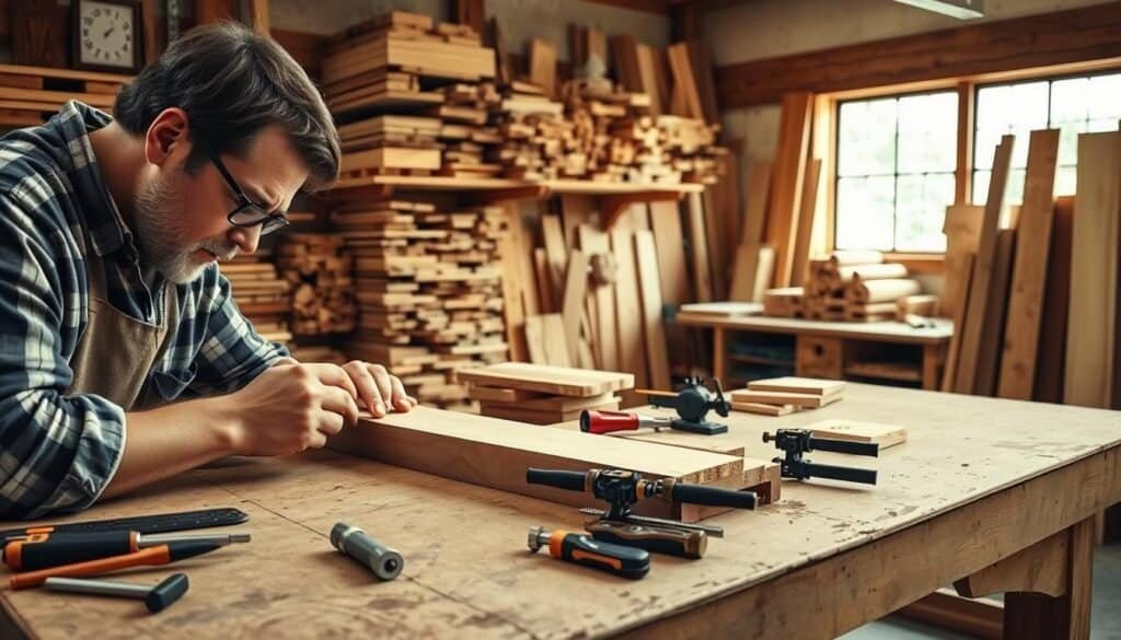 A workshop scene showcasing troubleshooting joinery problems. In the foreground, a woodworker examines a joint with a critical eye, inspecting for gaps, misalignment, or structural issues. Surrounding them, an array of woodworking tools and clamps lies on a weathered workbench, hinting at the problem-solving process. In the middle ground, shelves display an assortment of finished wood projects, each with unique joinery techniques. Soft, natural lighting filters through a window, casting a warm glow and creating shadows that accentuate the textures of the wood. In the background, the workshop walls are lined with various lumber, suggesting a workspace dedicated to the craft of woodworking. The overall atmosphere conveys a sense of thoughtful problem-solving and the satisfaction of mastering joinery. Branding: "The Sawdust Man".