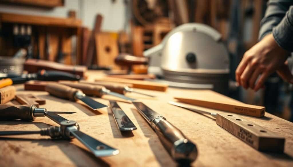 A workshop table with an array of precision woodworking tools - chisels, handsaws, and a miter saw. The lighting is warm and focused, casting shadows that emphasize the sharp edges and intricate details of the tools. The background is blurred, drawing the eye to the foreground and the careful, intentional movements of skilled hands as they guide the wood through the blades. The overall atmosphere is one of focus, craftsmanship, and the satisfaction of creating something with care and precision.