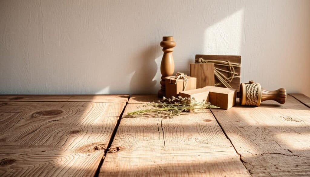 An aged, weathered wooden plank surface with visible knots, grains, and distressed textures. Lighting casts warm, soft shadows, creating a cozy, nostalgic ambiance. In the foreground, a collection of rustic wooden accents, such as a candle holder, a small decorative box, and a sprig of dried flowers, arranged artfully on a rough-hewn wooden table. Behind, a neutral-toned wall serves as a simple, uncluttered backdrop, allowing the natural beauty of the wooden elements to shine. Overall, the scene evokes a sense of timeless, homespun charm, inviting the viewer to imagine how these rustic wooden accents could transform a space and evoke a feeling of nostalgic comfort.